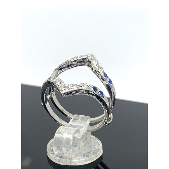 Engagement Ring Guard 14k White Gold Diamond Blue Gemstone Wedding Band Size 5.5 - Picture 3 of 15